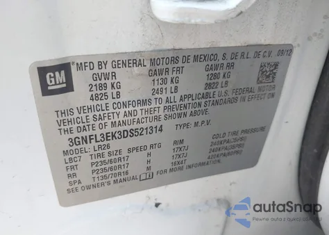 2013 Chevrolet Captiva Sport Lt z USA, uszkodzony, nr VIN 3GNFL3EK3DS521314